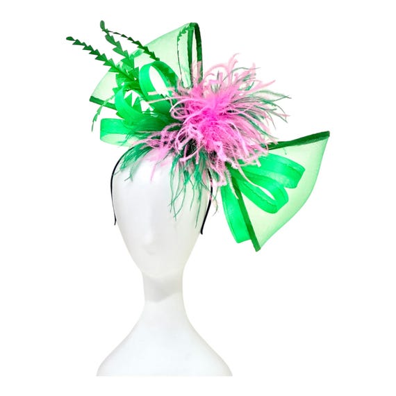 Bright Pink Green Feather Bow Fascinator Hat, Kentucky Derby Fascinator, Wedding Bow Fascinator, Garden Tea Party Hat,Custom Fascinator Hat