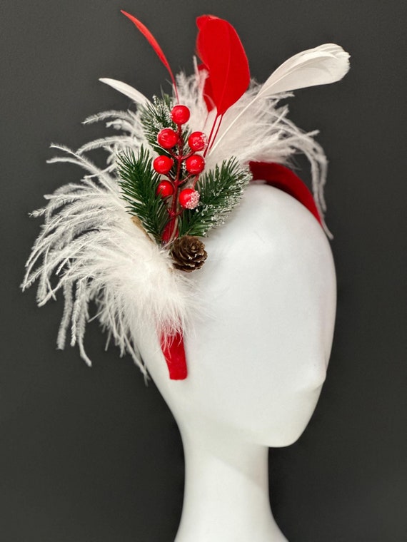 Christmas Headband Fascinator, Red White Holly Headband, Red Velvet Padded Headband, Red White Feather Fascinator, BeSpoke Headband Gift