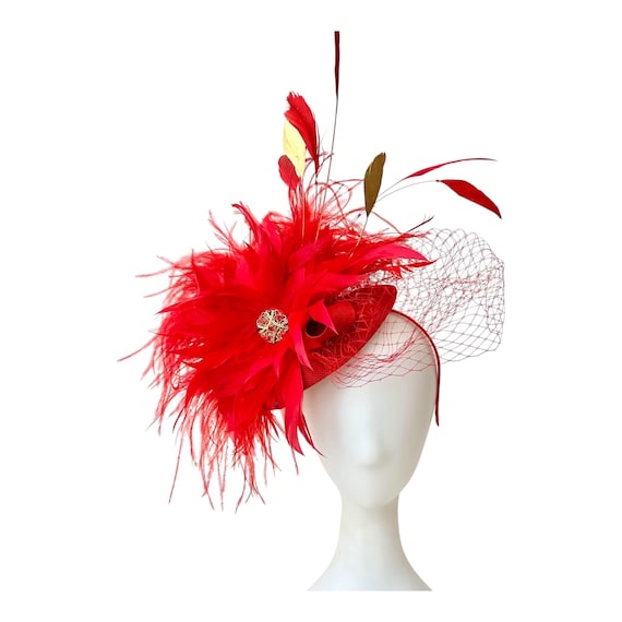Red Fascinator Hat, Christmas Fascinator Hat,Gold and Red Feather Crystal Fascinator, Christmas Fascinator Hat,Church Wedding Fascinator hat