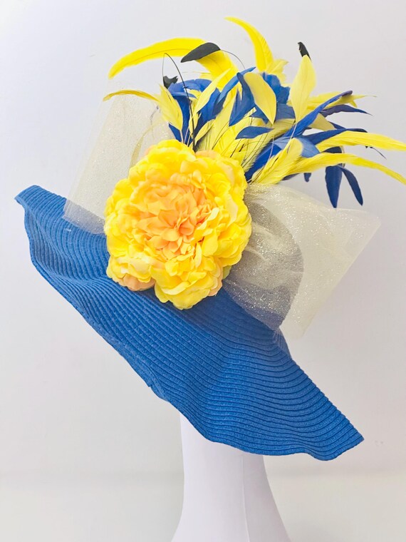 Yellow Blue Big Kentucky Derby Hat, Blue Yellow Fascinator Hat, Big Derby Hat, Feather Church Derby Hat, Ascot Derby Hat for women