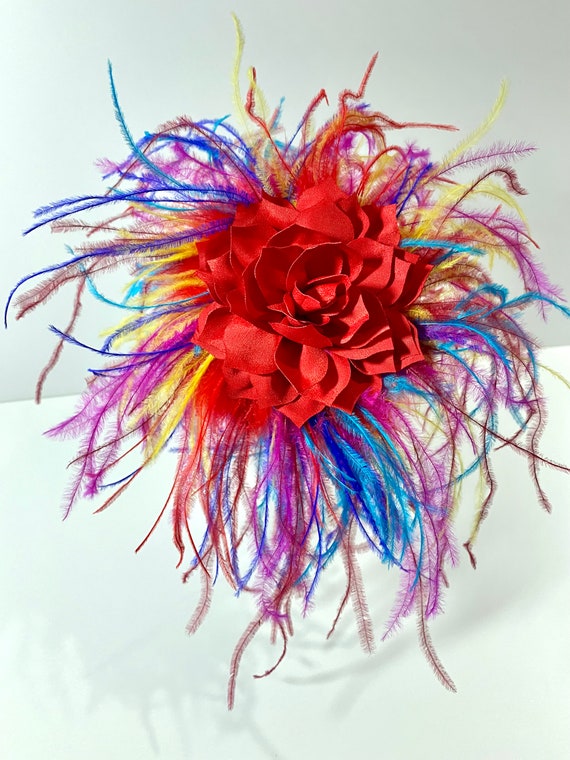 FancyGirlBoutiqueNYC Rainbow Fascinator Headband, Red Rainbow Pride Headband Fascinate, Lgbtq Rainbow Feather Headband