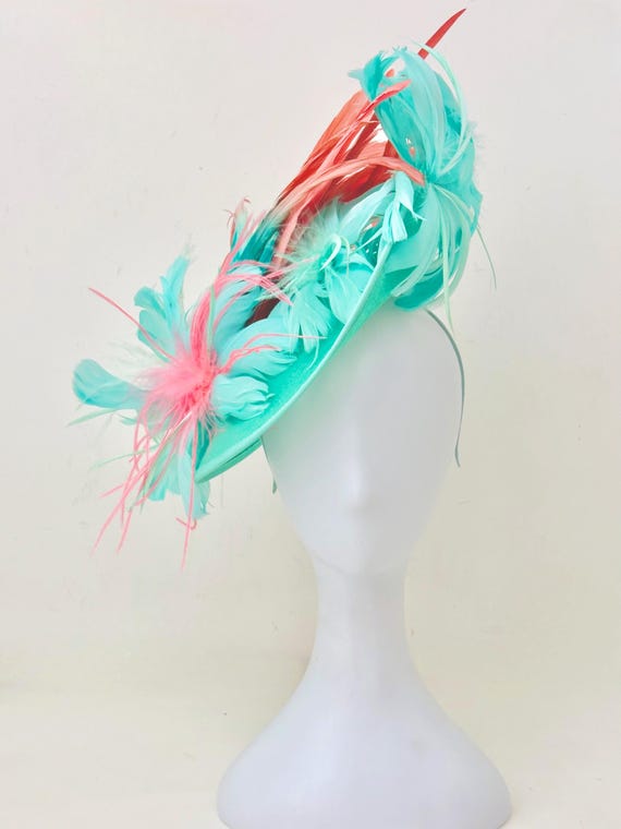 Coral Aqua Kentucky Fascinator Hat, Coral Aqua Derby Fascinator Hat, Feather Derby Hat, Wedding Fascinator,Mint Church Derby Hat
