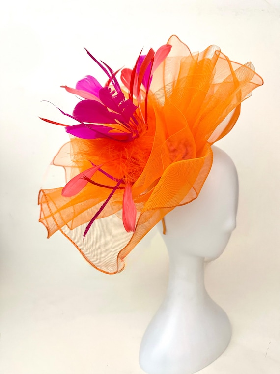 Orange Pink Big Derby Hat, Kentucky Derby Hat , Tennessee Orange Derby Hat, Pink Orange Derby Fascinator Hat Church Wedding Garden Party Hat