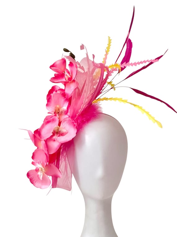 Pink Yellow Fascinator Hat, Kentucky Derby Fascinator Hat, Tropical Pink Orchid Derby Fascinator Hat, Pink Feather Church Wedding Hat