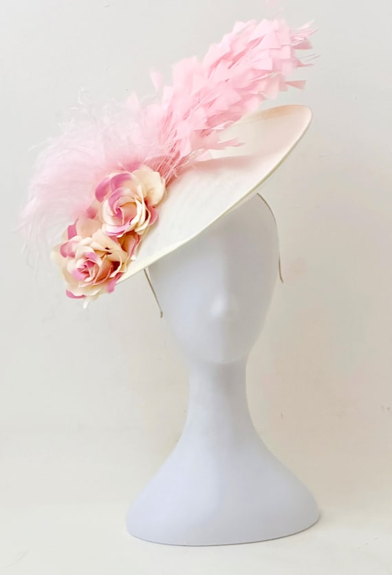 Pink Feather Rose Fascinator Hat: Ivory Rose Flower, Pink Blush Beige Fascinator Hat, Kentucky Derby Fascinator Hat, Church Wedding