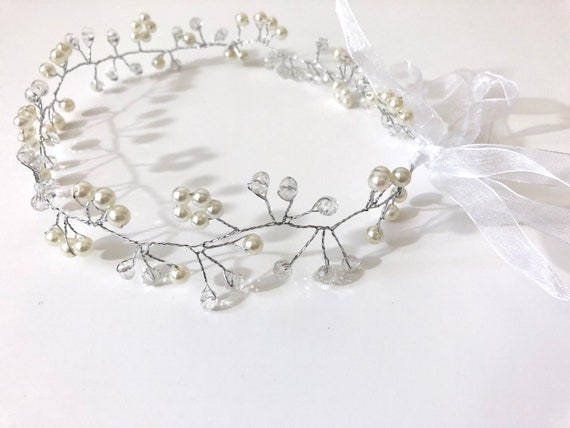 Crystal Flower Crown Wreath, Communion Crown Headband, Crystal Pearl Headband Flower Crown Wreath,Communion Halo Wreath,  Pearl Headband,