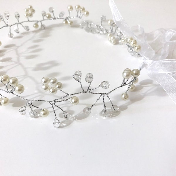 Crystal Flower Crown Wreath, Communion Crown Headband, Crystal Pearl Headband Flower Crown Wreath,Communion Halo Wreath,  Pearl Headband,