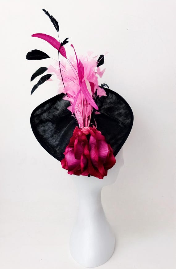 Pink Black Feather Fascinator Hat, Pink Black Derby Fascinator Hat, Pink Black Church Wedding Fascinator, High Tea Party Hat