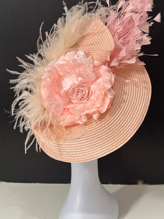 Easter Parade Hat Fascinator , Coral Peach Easter Bonnet, Big Kentucky Derby Hat, Coral Blush Church Hat, Wedding Fascinator Hat,