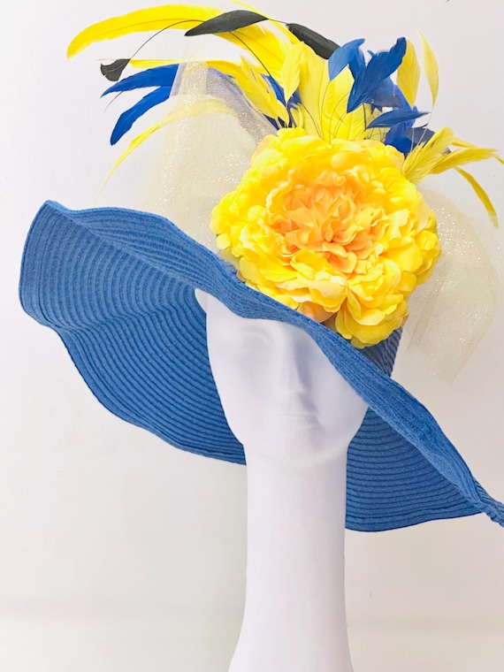 Big Royal Blue and Yellow Kentucky Derby Fascinator Hat, Big Derby Hat, Blue Yellow Feather Church Derby Hat, Ascot Derby Hat for women