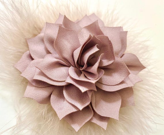 Taupe Mauve Flower Brooch Pin: Sateen Chiffon Flower, Feather Accent