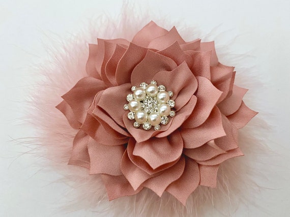 Dusty Rose Flower Clip, Blush Pink Champagne Beige, Ivory, White, Taupe Flower Feather Hair Clip, Wedding Bridal Hair Flower Clips, Custom