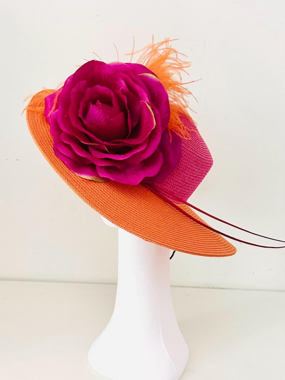 Pink Orange Feather Derby Hat, Big Derby Hat, Pink Orange Tropical Beach Wedding Hat, Couture Feather Hat, Church Hat, Garden Tea Party Hat