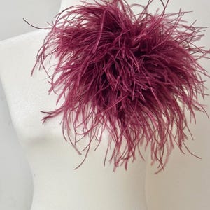 May include: A deep burgundy ostrich feather accessory featuring long, wispy, and delicate plumes arranged in a dense, voluminous cluster. The feathers exhibit a rich, dark red color with subtle variations in tone, creating a soft, textured appearance.