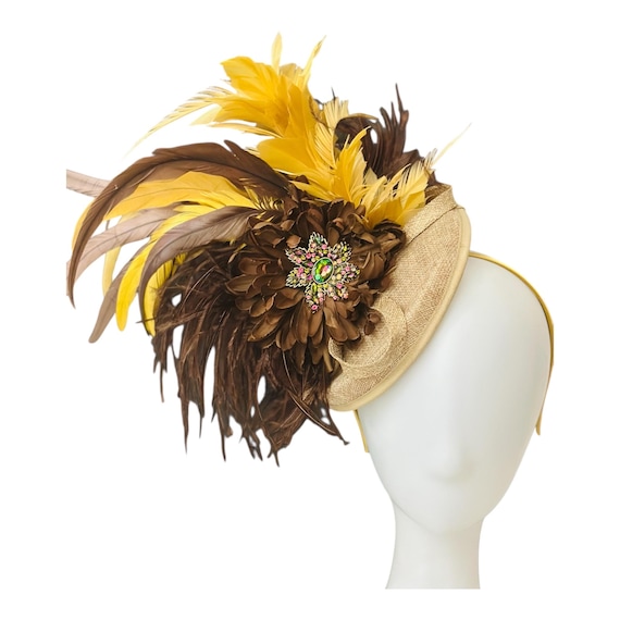 Yellow Gold Chocolate Fascinator Hat, Kentucky Derby Fascinator Hat, Church Wedding Derby Hat, Chocolate Feather Fascinator Hat