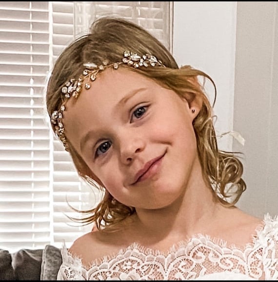 Gold Flower Girl Crown Headband, Baby Birthday Crown, Baby Diamond Halo Crown Wreath,Flower Girl Headband, Communion Crown