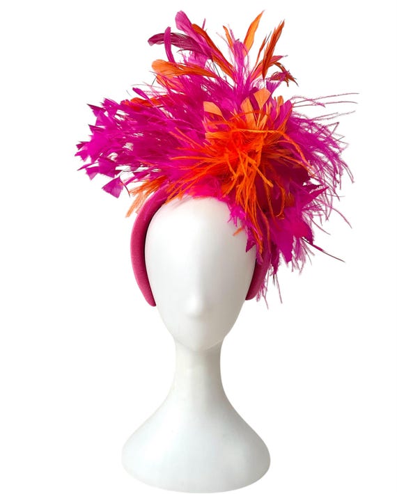 Orange Pink Feather Fascinator Hat, Pink Orange Kentucky Derby Hat,  Orange Pink Derby Fascinator Hat Church Wedding Garden Party Hat