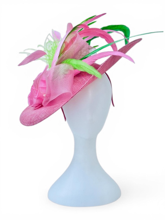 Pink Green Fascinator Hat, Kentucky Derby Fascinator Hat, Church Wedding Fascinator Hat, Big Derby Hat, Pink Green Feather Hat,Tea Party Hat