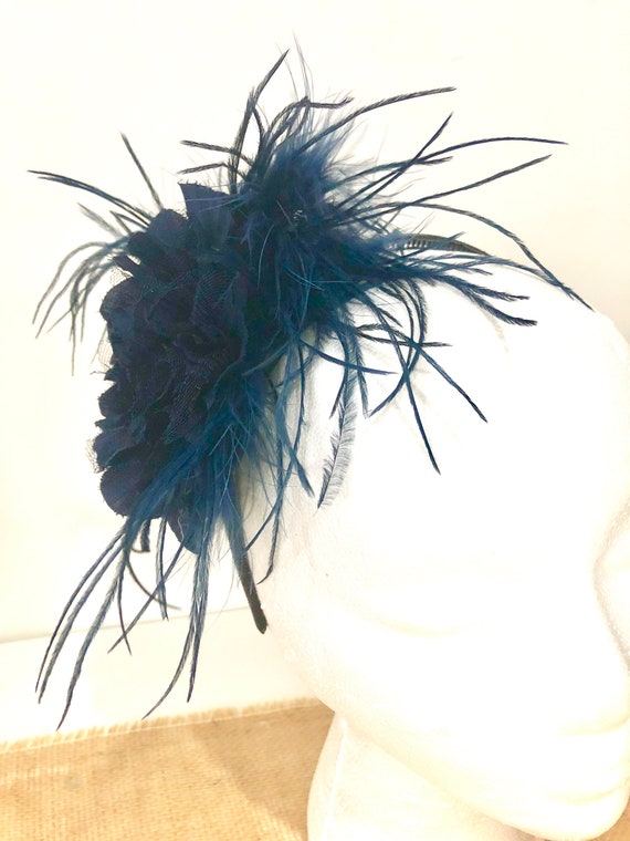 Navy Fascinator Headband, Navy Blue Feather Headband, Kentucky Derby Fascinator, Big Flower White, Black,Pink, Ivory Fascinator Headband