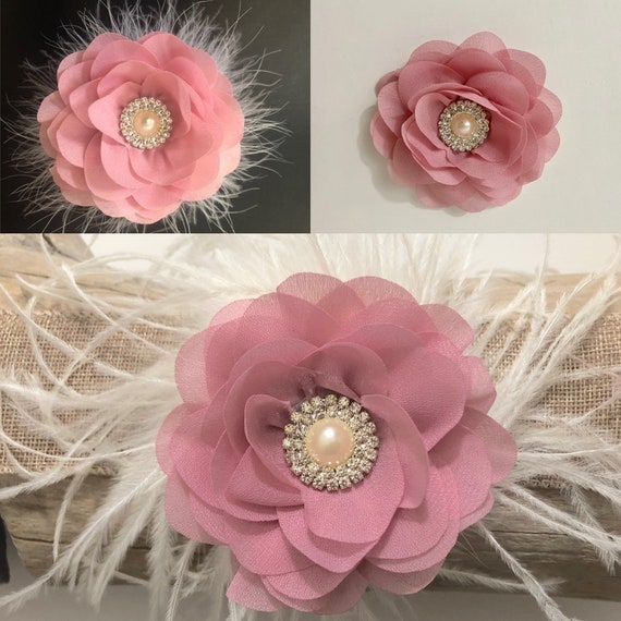 Mauve Chiffon Hair Clip, Mauve flower Clip, Dusty Rose Flower Clip,Hot Pink, Beige, Pink, Navy, Beige Chiffon Flower Feather Wedding Clips