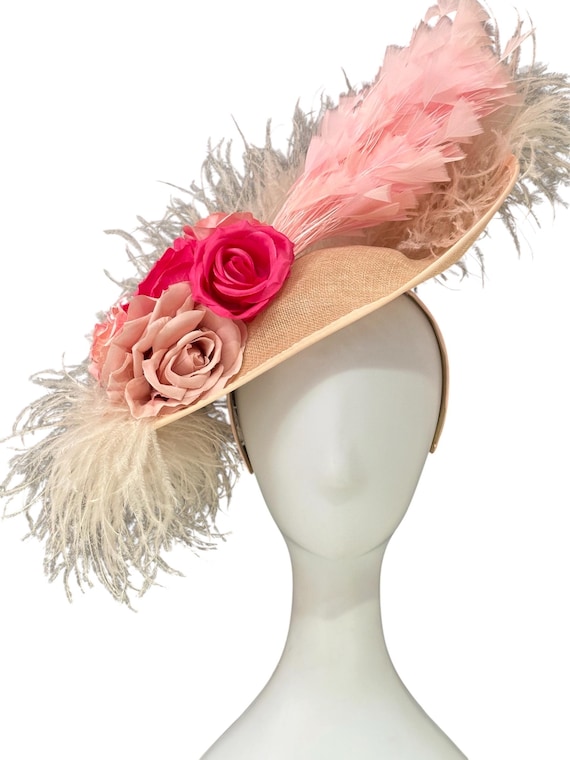 Dusty Rose Wine Beige Fascinator Hat, Custom Feather Fascinator Hat, Derby Fascinator Hat, Mother of the Bride Garden Tea Party Hat