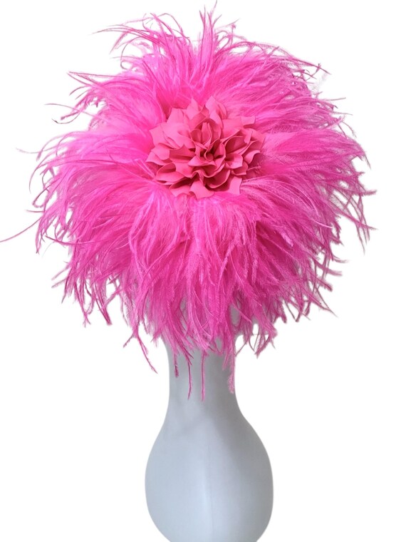 Pink Feather Fascinator Hat, Bright Pink Green Ostrich Feather Fascinator Hat, Kentucky Derby Fascinator Hat Garden Tea Party Hat Bespoke