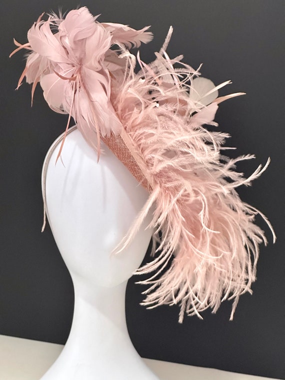 Dusty Rose Pink Fascinator Headband Hat, Church Derby Hat, Dusty Rose Feather Hat, Wedding Fascinator Hat, Garden Tea Party Hat, Wedding