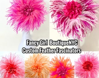 Custom Kentucky Derby Fascinator, Bright Pink Green Coral, Orange Hot Pink Ostrich Feather Fascinator Headband, Let me Customize yours!!