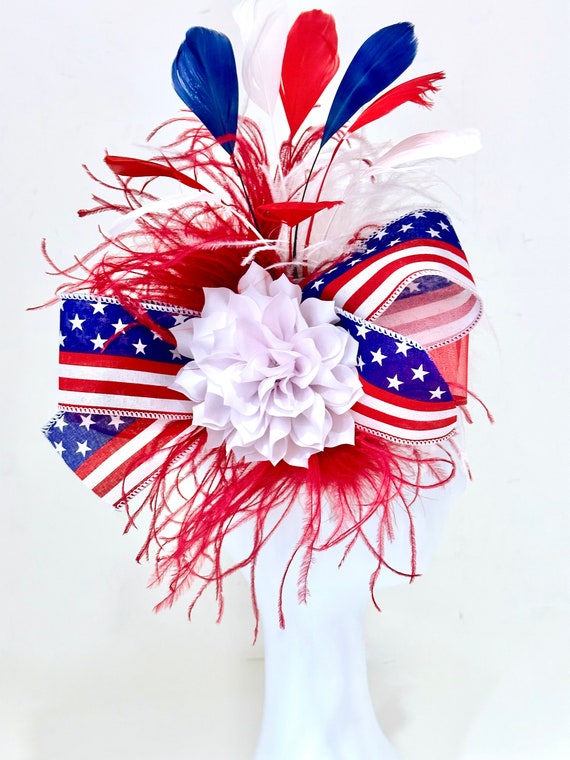 Red White and Blue Fascinator Hat, Patriotic Hat, 4th of July Derby Fascinator Hat, Red White Blue Derby Hat, Church Derby Hat, Made in USA
