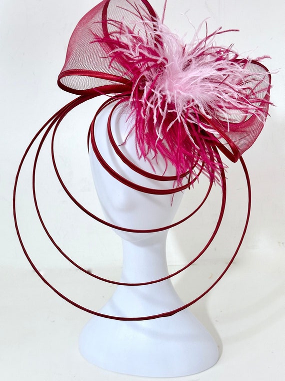 Bow Fascinator Headband, Pink Magenta Wine Kentucky Derby Big Hat, Pale Yellow Gold Feather Bow Fascinator Headband, Modern Bow Spiral Hat