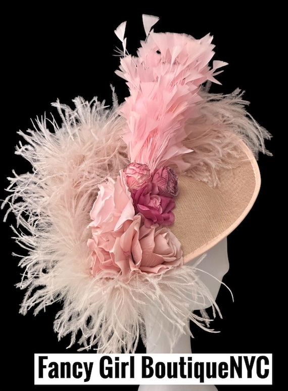 Pink Dusty Rose Kentucky Derby Hat Fascinator, Church Wedding Derby Fascinator Hat,Big Derby Hat,Garden Tea Party Hat,Dusty Rose Feather Hat