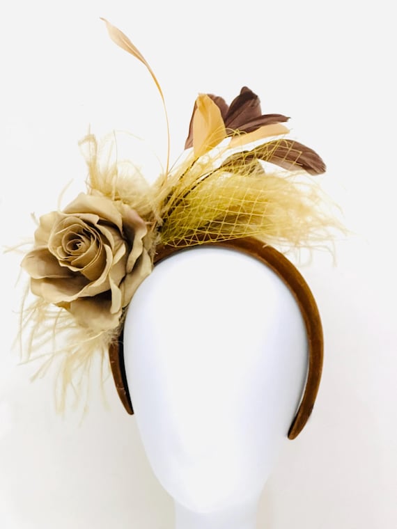 Beige Rose Fascinator, Beige Chocolate Fascinator Headband, Beige Flower, Veil, Feather Velvet Headband, Bespoke Headband, 3D  Double sided