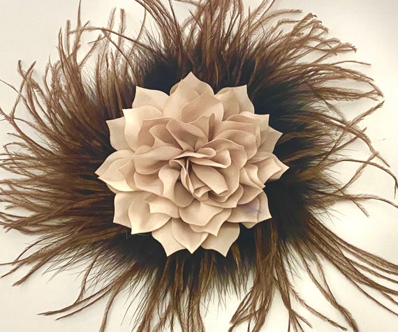 Mocha Mousse Beige Fascinator Hat Clip, Custom Feather Hairpieces, Custom Flower Feather Hair Clip, Dark Brown Feather Clip, Custom