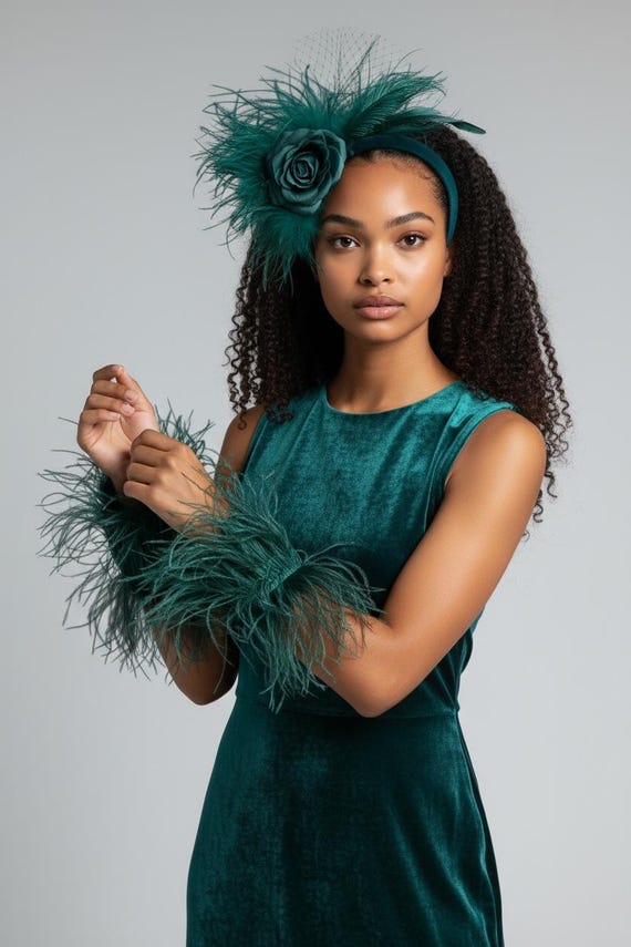 Dark Teal Feather Fascinator, Peacock Green Feather Hat, Dark Teal Veil Velvet Headband, Holiday Christmas Fascinator, 3D Fascinator Hat