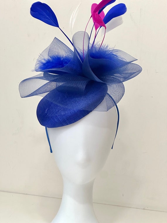 Pink Blue White Kentucky Derby Hat Fascinator Headband, Fuchsia Pink Navy White  Derby Hat, Wedding Hat, Garden Party Church Hat