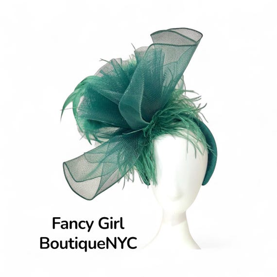Dark Green Feather Fascinator Hat: Green Velvet Headband, Church Derby Fascintor, Wedding Fascinator, Christmas Fascinator Hat,
