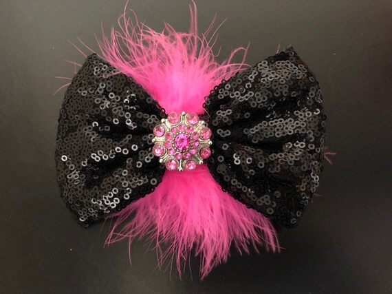 Dance Costume Hair Bow, Black Hot Pink Hair Bow, Sequin Hair Bows, All Colors, Turquoise, Green, Red, Yellow, Purple, Orange Marabou.