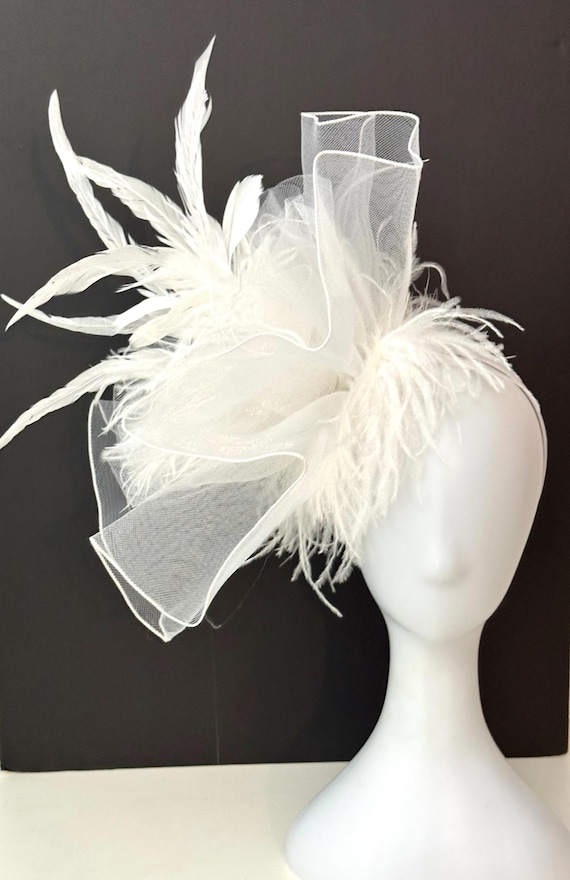White Fascinator Hat, White Party Fascinator Hat, Le Diner en Blanc Fascinator Hat, Derby Hat, Church Hat Sheer Crinoline White Derby Hat