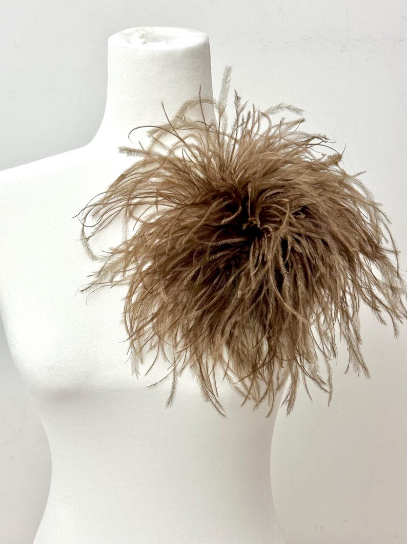 May include: A large, circular decorative accessory made of light brown ostrich feathers. The feathers are arranged in a dense, voluminous cluster, radiating outward from a central point, creating a soft, textured, and layered appearance.