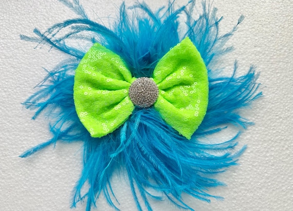 Dance Costume Feather Bows, Sequin Feather Hair Bow Clip, Pink, Blue, Neon Pink, Purple Custom Dance Costume Hair Clips Accessory