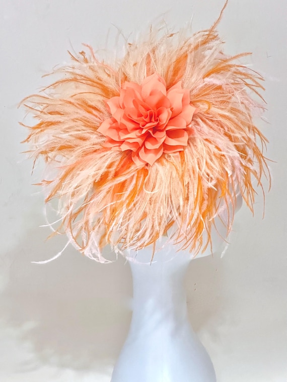 Orange Ivory Creme Feather Fascinator, Pink Green, Pink Orange, Coral Pink Ostrich Feather Fascinator Headband, Let me Customize yours!!