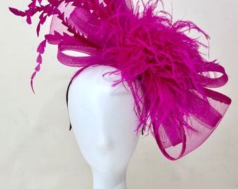 Magenta Pink Kentucky Derby Hat Fascinator Headband, White Wedding Fascinator, Church Tea Party Hat, Pink Green Derby Fascinator Hat