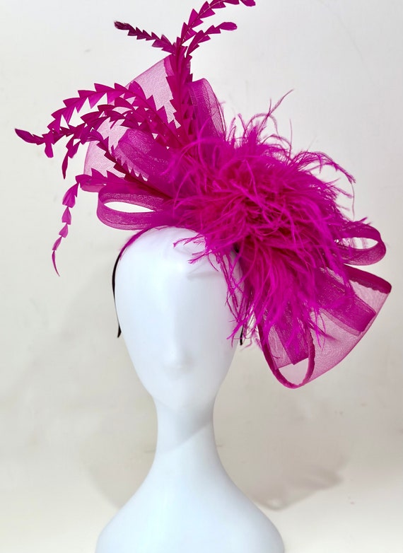 Magenta Pink Kentucky Derby Hat Fascinator Headband, White Wedding Fascinator, Church Tea Party Hat, Pink Green Derby Fascinator Hat