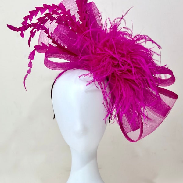 Magenta Pink Kentucky Derby Hat Fascinator Headband, White Wedding Fascinator, Church Tea Party Hat, Pink Green Derby Fascinator Hat