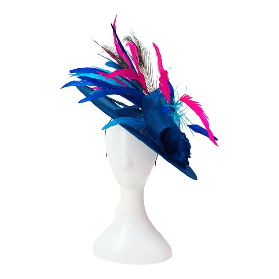 Royal Blue Fascinator Hat, Derby Fascintor Hat, Pink and Blue Peacock Feather Hat, Church Wedding Fascinator Hat, Tea Party Hat, Custom Hat