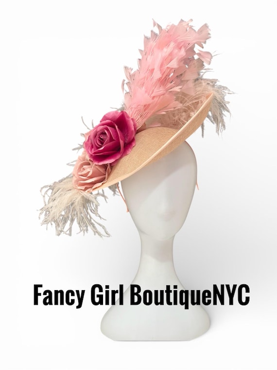 Pink Dusty Rose Kentucky Derby Fascinator Hat, Feather Derby Fascinator Hat, Dusty Rose Beige Feather Fascinator Garden Tea Party Hat,