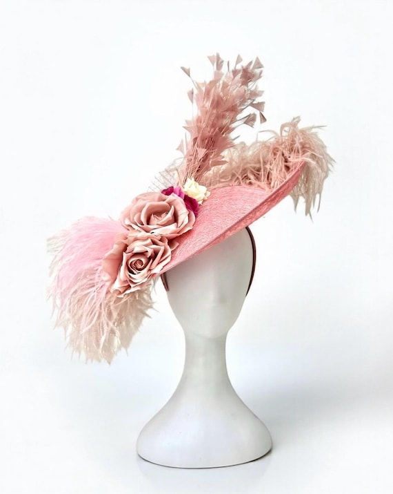Blush Pink Beige Big Kentucky Derby Hat Fascinator, Dusty Rose Feather Wedding Fascinate Hat, Church Derby Hat, Tea Party Hat, High Tea Hat