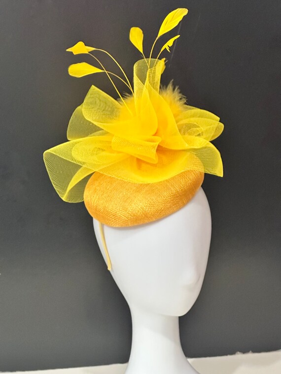 Yellow Derby Hat,Hot Pink Pink Derby Hat Fascinator Headband, Viva Magenta Deep Pink, Black Feather Fascinate Hat, Easter Church Wedding Hat