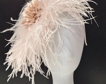 Champagne Beige Feather Derby Fascinator Headband, Dusty Rose Pink Fascinator, Flower Girl Headband, Girls Headband, Church Feather Hat