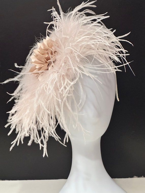 Champagne Beige Feather Derby Fascinator Headband, Dusty Rose Pink Fascinator, Flower Girl Headband, Girls Headband, Church Feather Hat